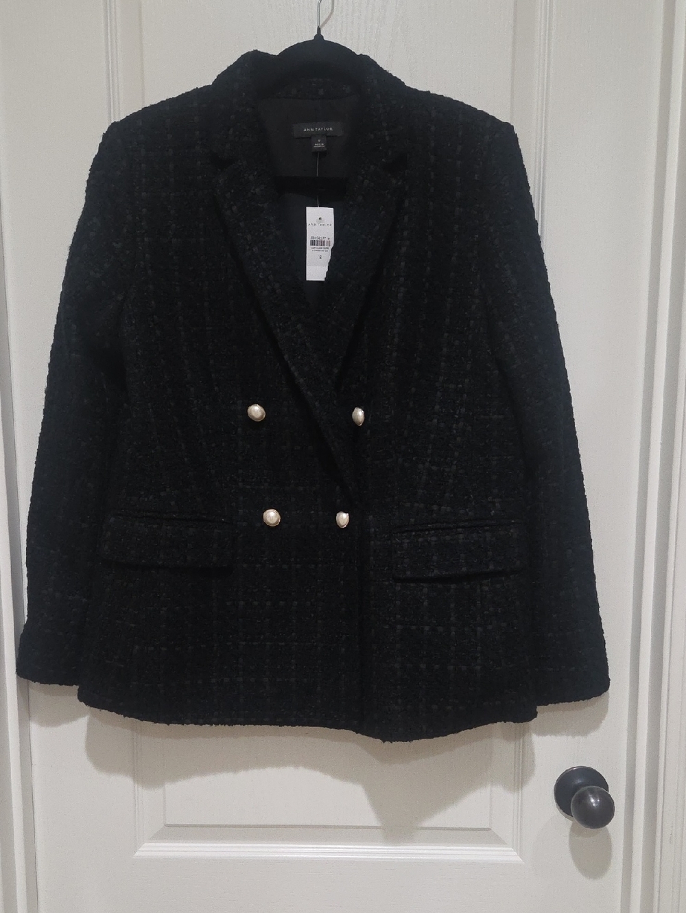 Ann Taylor Black Tweed Double-Breasted Blazer with Pearl Buttons- Size 12 NWT